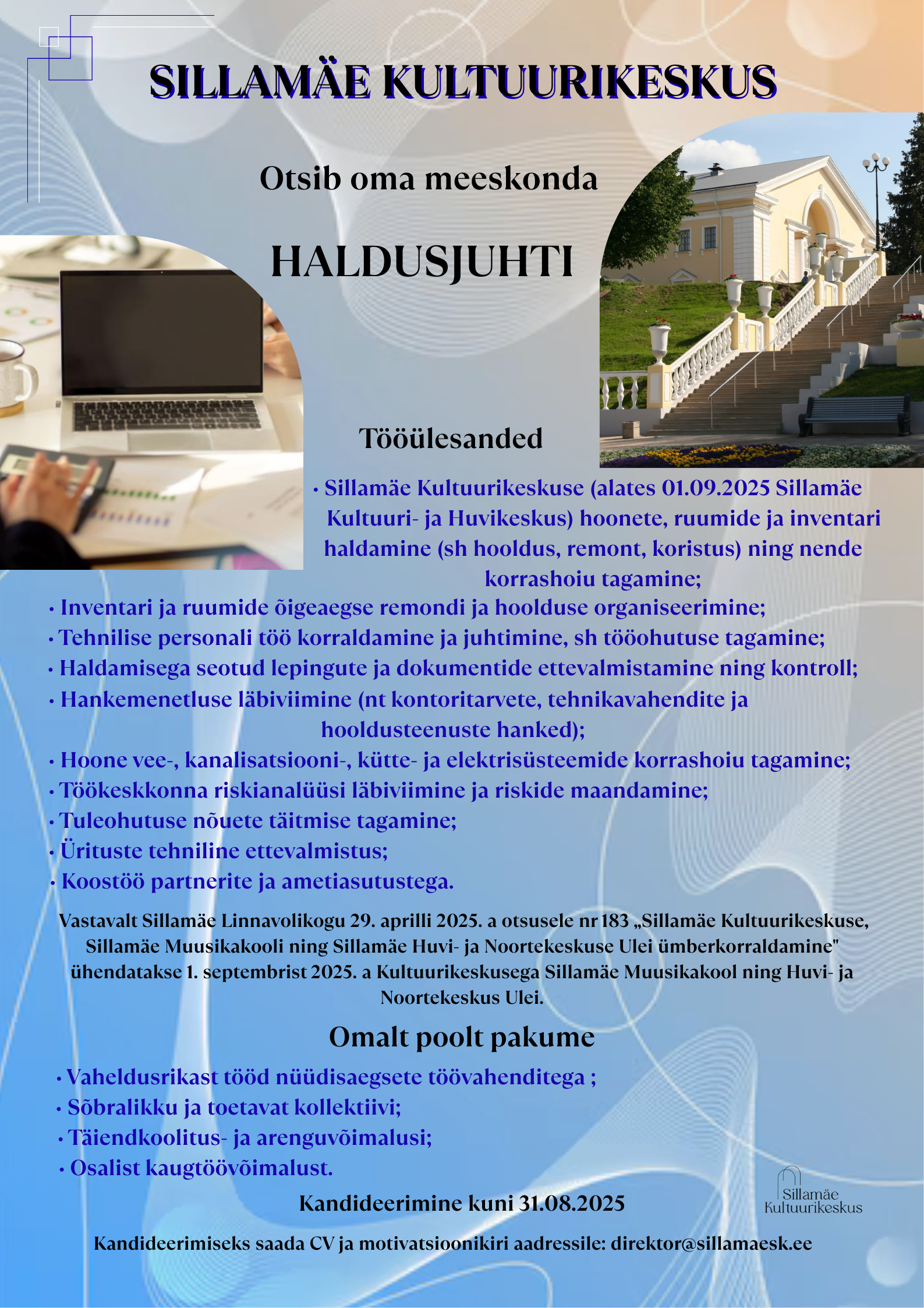 Töökuulutus_Sillamäe Kultuurikeskuse haldusjuht_tähtaeg 31.08.2025